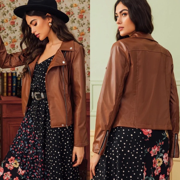 Brown vegan leather moto jacket zip 841169 - Picture 2 of 3